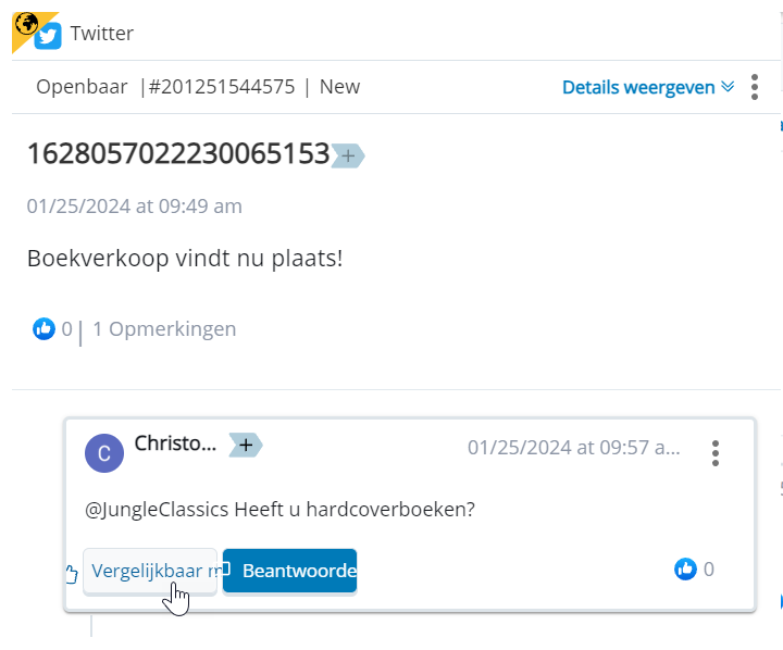 De oorspronkelijke tweet wordt weergegeven met de tweet met het antwoord eronder. De cursor beweegt over de knop Like.