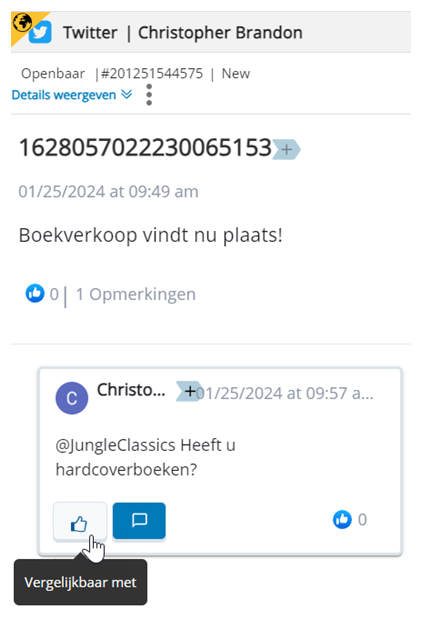 De oorspronkelijke tweet wordt weergegeven met de tweet met het antwoord eronder. De cursor beweegt over de knop Like.