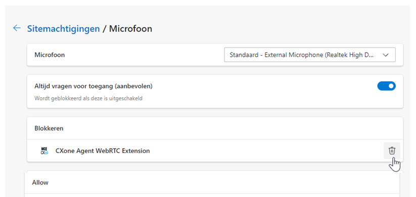 CXone Agent WebRTC Extension staat vermeld onder Block. De cursor beweegt over het prullenbakpictogram Verwijderen.
