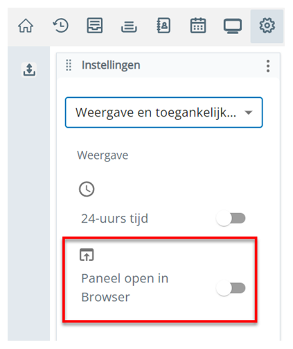 De pagina Weergave en Toegankelijkheid in Instellingen. De instelling Paneel open in Browser is de tweede van boven.