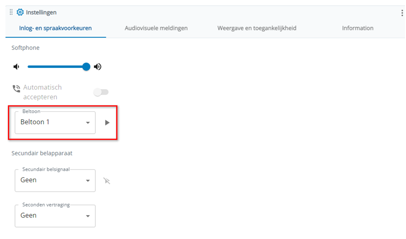 De instelling Beltoon vindt u in de sectie Softphone op het tabblad Inloggen en Voice-voorkeuren in Instellingen.