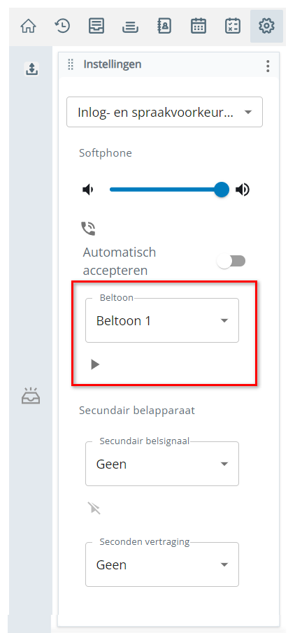 De instelling Beltoon vindt u in de sectie Softphone op de pagina Inloggen en Voice-voorkeuren in Instellingen.
