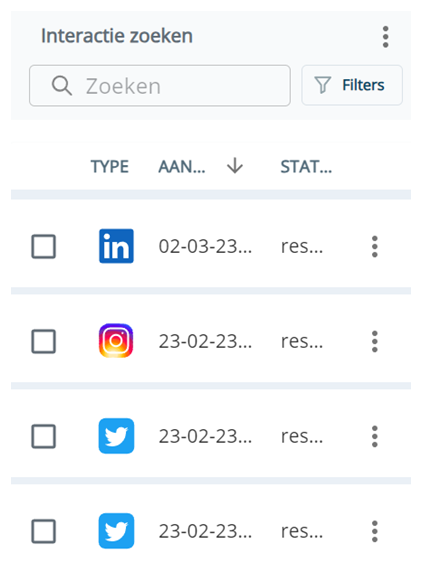 De pagina Zoeken geeft een zoekbalk weer, een knop voor Filters en een tabel met resultaten die verscheidene interacties weergeeft.