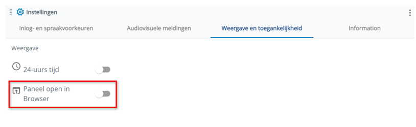 Het tabblad Weergave en Toegankelijkheid in Instellingen. De instelling Paneel open in Browser is de tweede van boven.