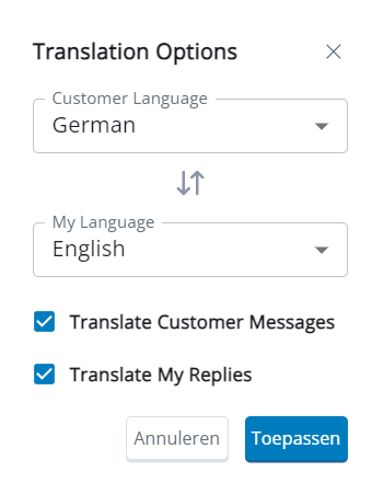 Het pop-upscherm Opties vertaling, met velden voor Taal klant, Mijn taal, Klantberichten vertalen en Mijn antwoorden vertalen.