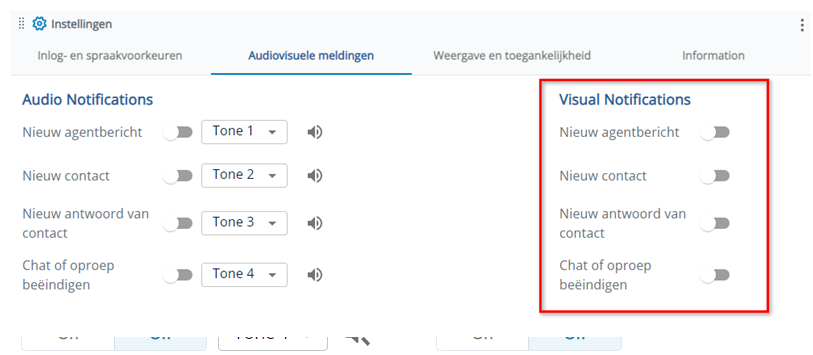 De sectie Visuele meldingen met opties voor Nieuw agentbericht, Nieuw contact, Nieuw antwoord van contact en Chat of oproep beëindigen.