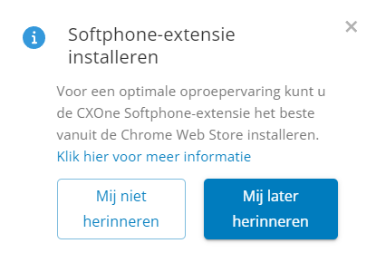 Een pop-up met de melding Softphone-extensie installeren met knoppen voor Mij niet herinneren en Mij later herinneren.