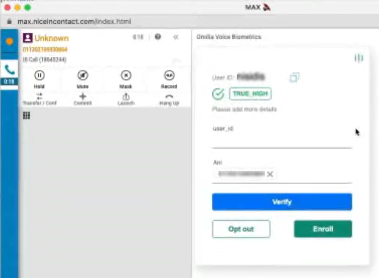 Een voorbeeld van Omilia in het agentassistentiepaneel in MAX, met een resultaat van 99% voor de live stemauthenticatie.