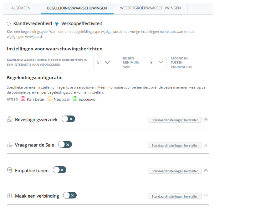 Het tabblad Begeleidingswaarschuwingen geeft de opties weer voor Verkoopeffectiviteitsgedragingen.