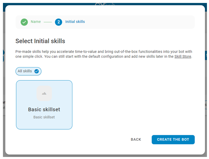 het dialoogvenster waarin u de skills selecteert die u aan uw nieuwe bot toevoegt.