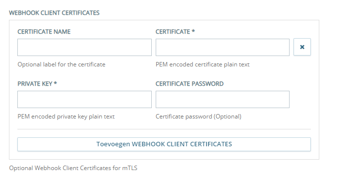 De sectie Klantcertificaten Webhook van de configuratiepagina Custom Exchange Endpoint, waar u mTLS-klantcertificaten configureert.