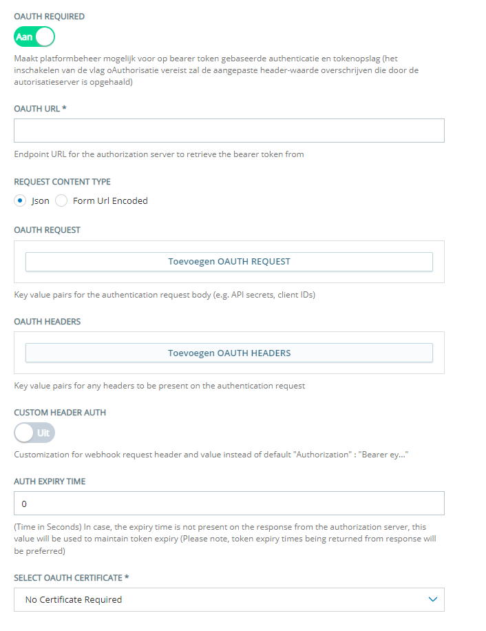 De sectie OAuth vereist van de configuratiepagina Custom Exchange Endpoint, waar u dynamische authenticatie met OAuth configureert.