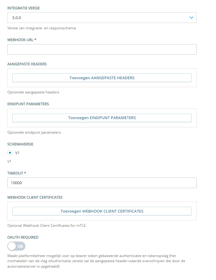 De configuratiepagina voor het toevoegen van een aangepaste bot met behulp van Custom Exchange Endpoints met integratieversie 2.0.0.