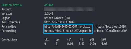 Een voorbeeld van de resultaten van het uitvoeren van Ngrok op het proxytunnel-eindpunt, met de URL's die als gevolg hiervan beschikbaar worden gemaakt.