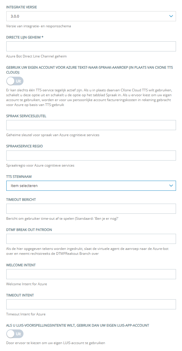 De configuratiepagina voor het toevoegen van een Microsoft Azure aan CXone Virtual Agent Hub.