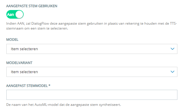 Als u op Aangepaste stem gebruiken klikt, verschijnt het veld Aangepast stemmodel in het veld Modelvariant.