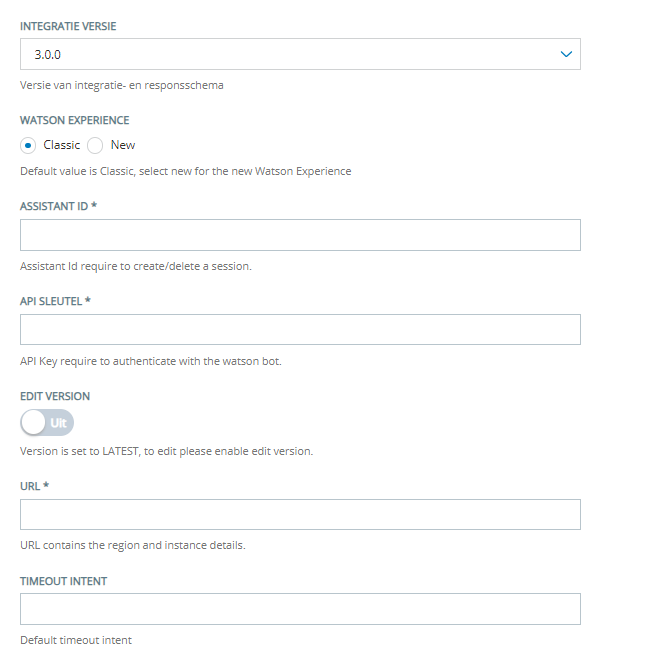 De pagina Configuratie voor het integreren van een tekstgebaseerde virtuele agent voor IBM Watson.