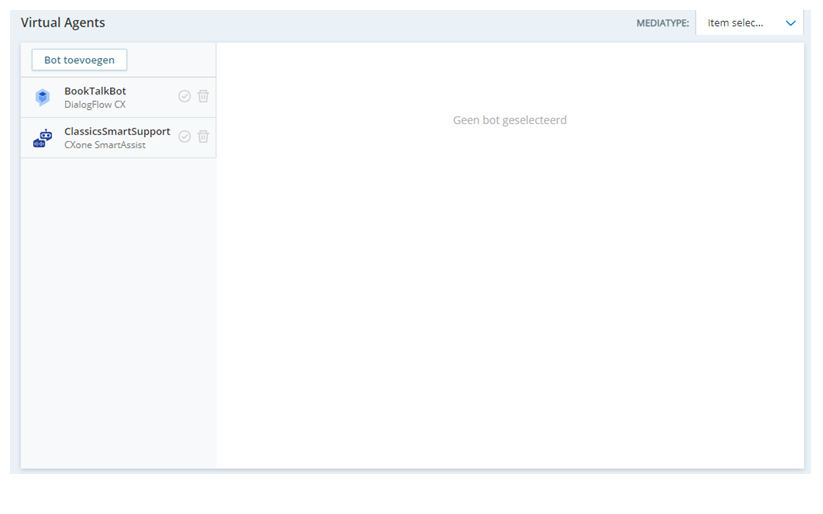 De CXone Virtual Agent Hub-hoofdpagina bevat aan de linkerkant een actuele lijst met bots. Naast elke botnaam staan een verwijderingspictogram en een vinkje.