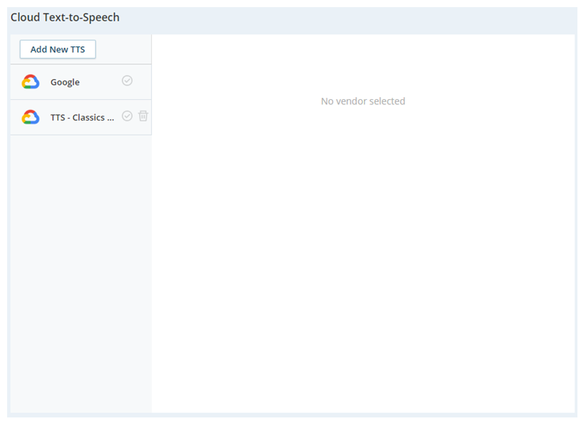 De pagina Cloud Text-to-Speech, waar u een TTS-provider kunt selecteren of een nieuwe provider kunt toevoegen.