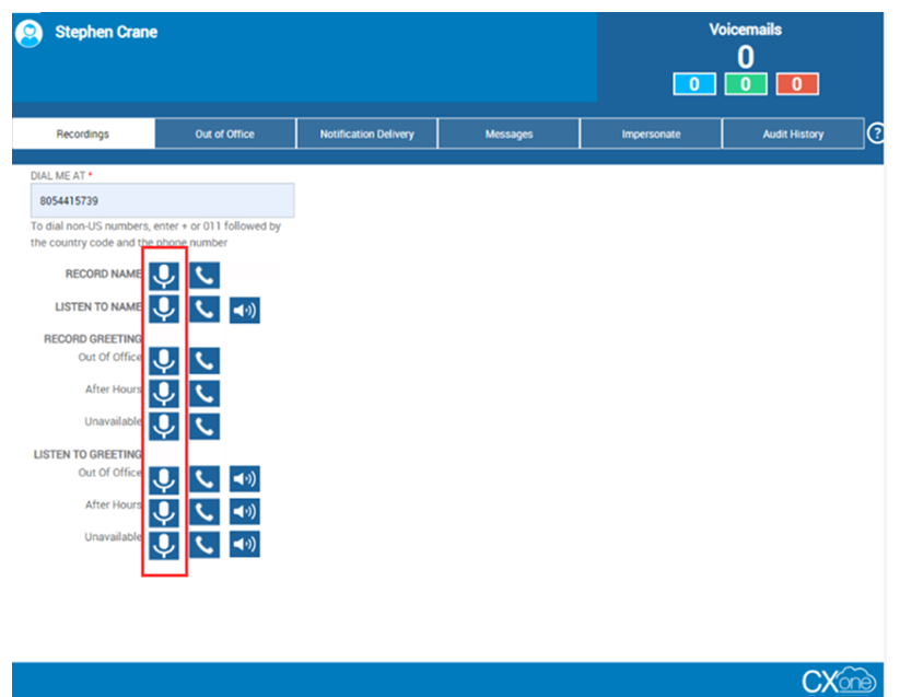 Het tabblad Opname in CXone Attendant, waar u uw naam en begroeting voor voicemail kunt inspreken en beluisteren.