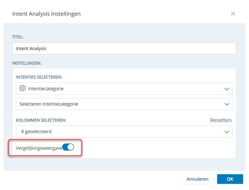 Instellingenvenster voor de widget Intentie-analyse. Vergelijkingsweergave is ingeschakeld en omlijnd.