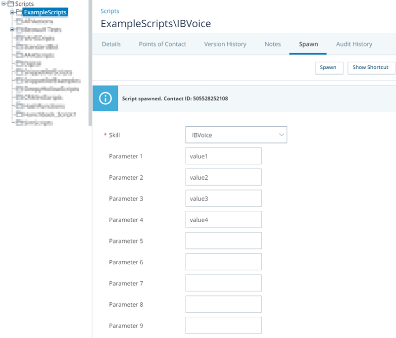 De pagina Scripts met het gespawnde script met vier aangepaste parameterwaarden.