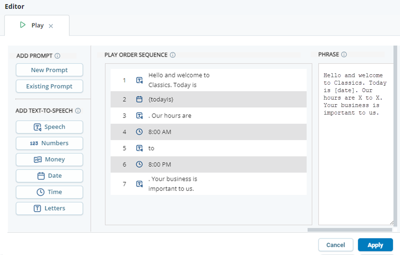 De Prompt Manager met een complete prompt met 5 sequences, waaronder TTS, geldbedragen, een datum en variabelen.