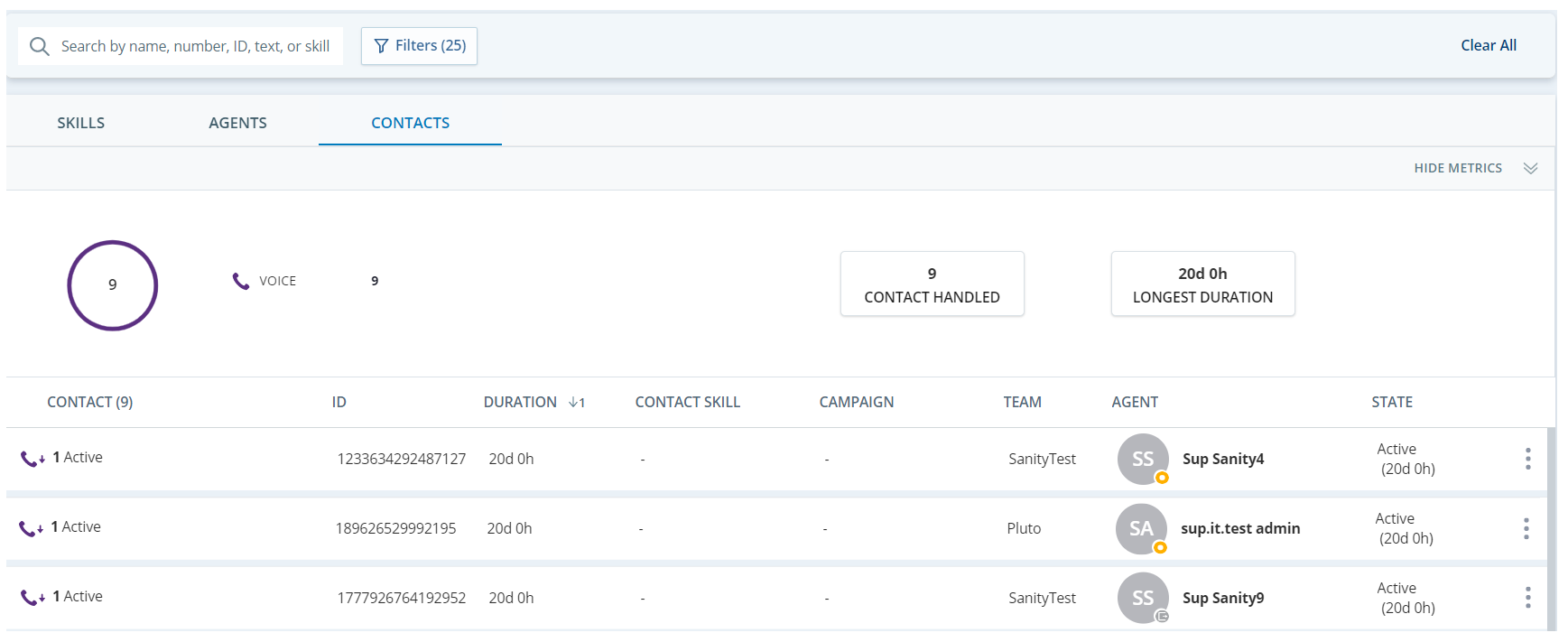 Afbeelding van pagina Live Monitoring met gegevens onder het tabblad Contacten