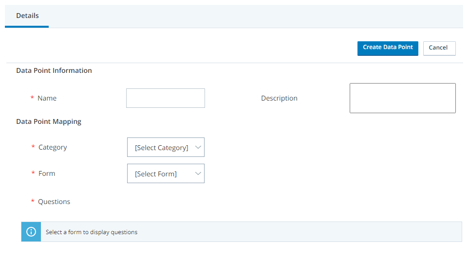 De pagina Datapunt in WFI. Bevat velden voor naam, beschrijving, categorie, formulier en vragen van het datapunt.