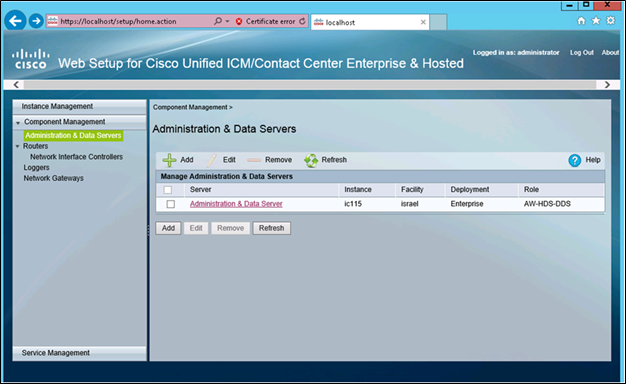 Afbeelding van de pagina Administration & Data Server in de Web Setup voor Cisco Unified ICM/Contact Center Enterprise & Hosted