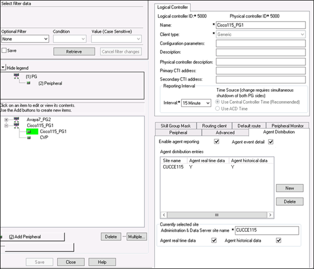 Schermafbeelding van Logical Controller en Agent Distribution voor de PG Explorer-configuratie.