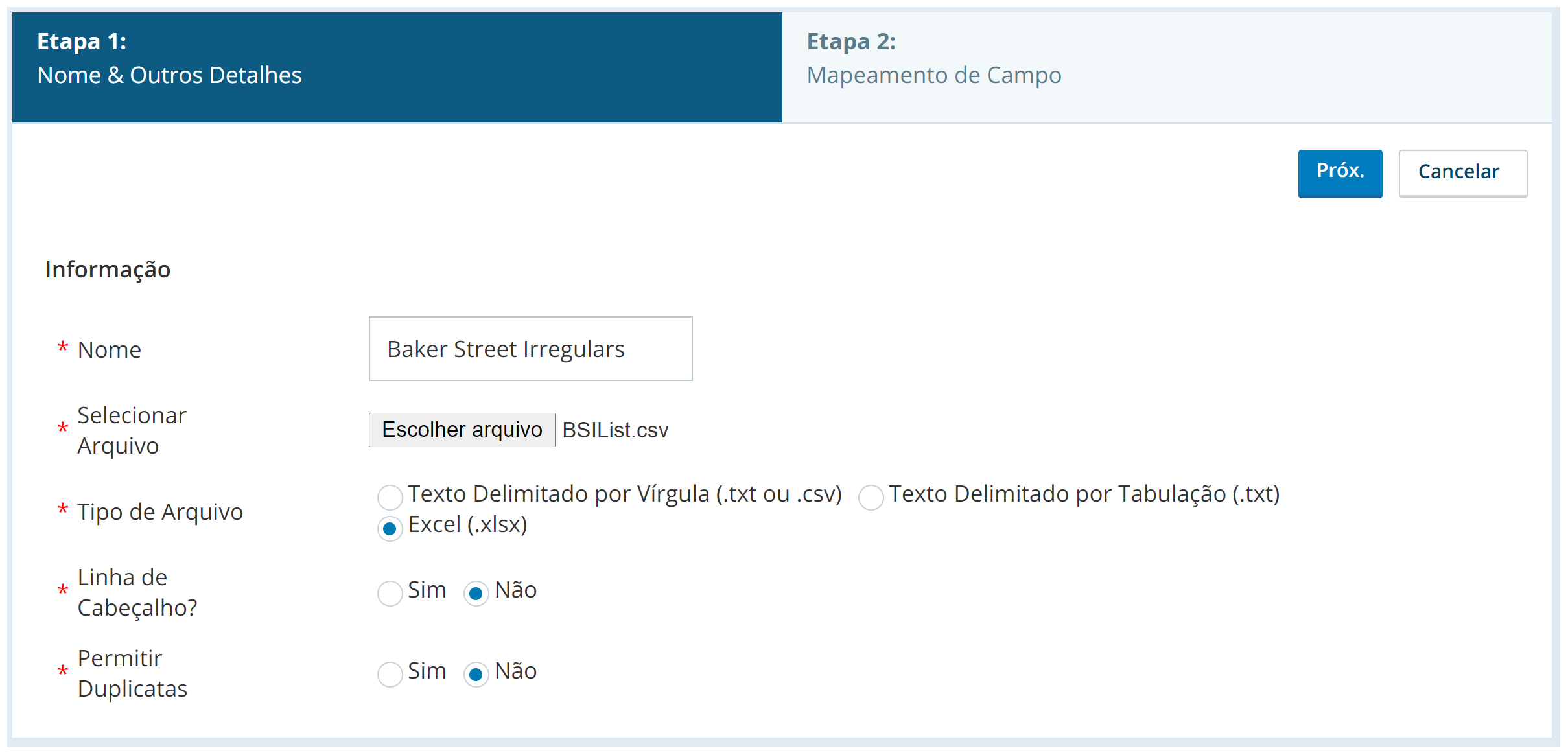 Imagem da primeira tela a ser concluída ao enviar um arquivo de contato para um catálogo de endereços