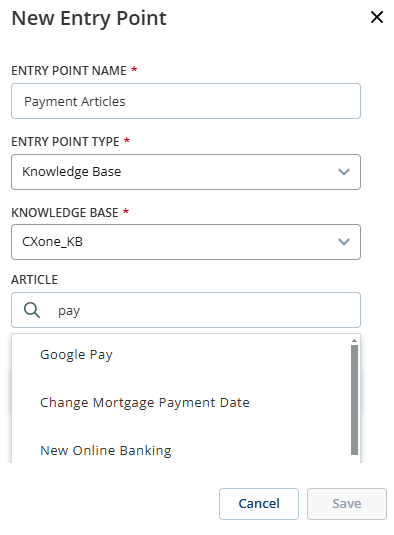 A página onde você pesquisa artigos do CXone Expert para incluir em um ponto de entrada da base de conhecimento.