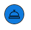 Um botão redondo com uma imagem de um sino de balcão de recepção em que os clientes clicam para exibir o menu de canais Guide.