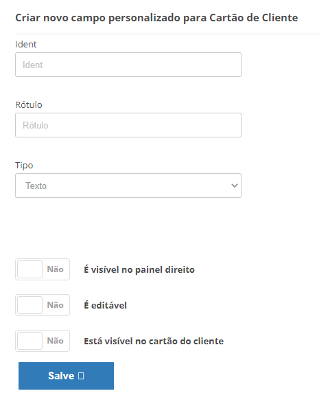 A página onde você pode adicionar um campo personalizado para cartões de clientes.