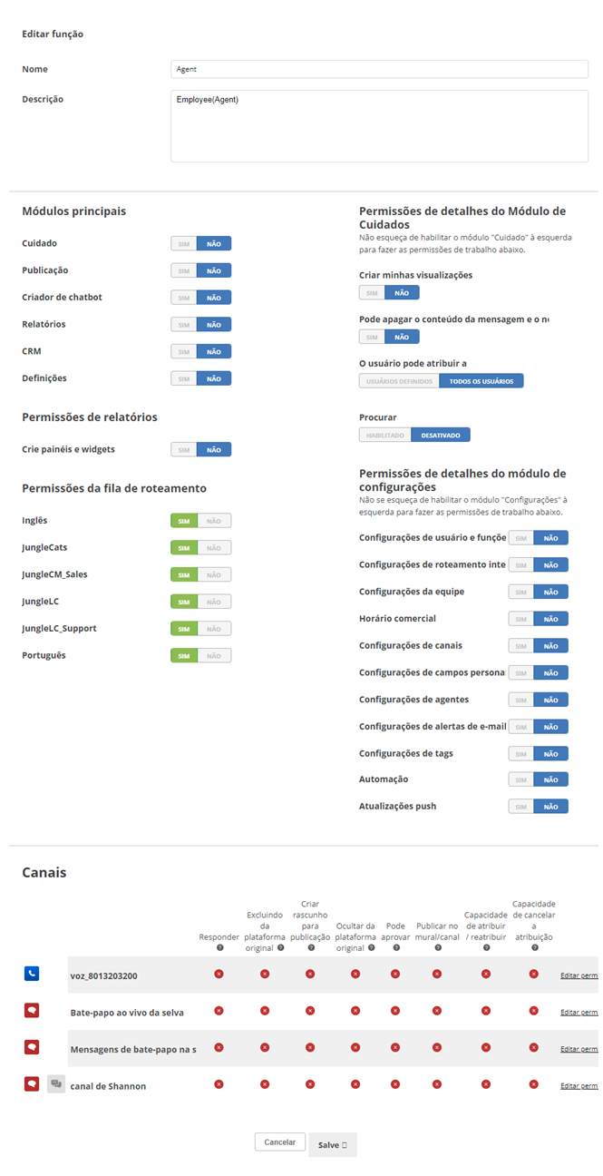 A página Edit Role, mostrando a permissão Routing Queue e as permissões Channels.