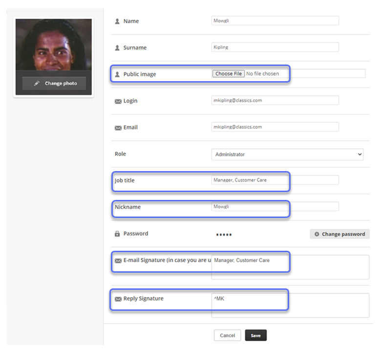 A página de perfil do usuário em Digital Experience, com os campos que você pode modificar em Digital Experience em destaque. Esses campos são: Imagem Pública, Cargo, Apelido, Assinatura de Email, Assinatura de Resposta.