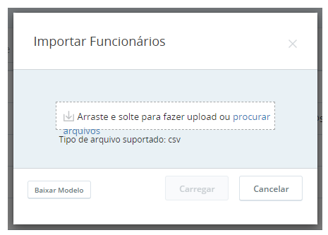 Tela de importação de funcionários para fazer upload de vários registros de funcionários com um arquivo CSV.