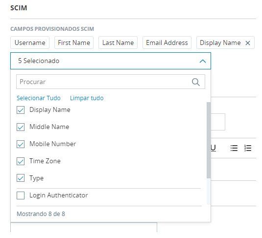 Imagem da lista suspensa de campos provisionados pelo SCIM na página Gerenciar Configurações de Conta.