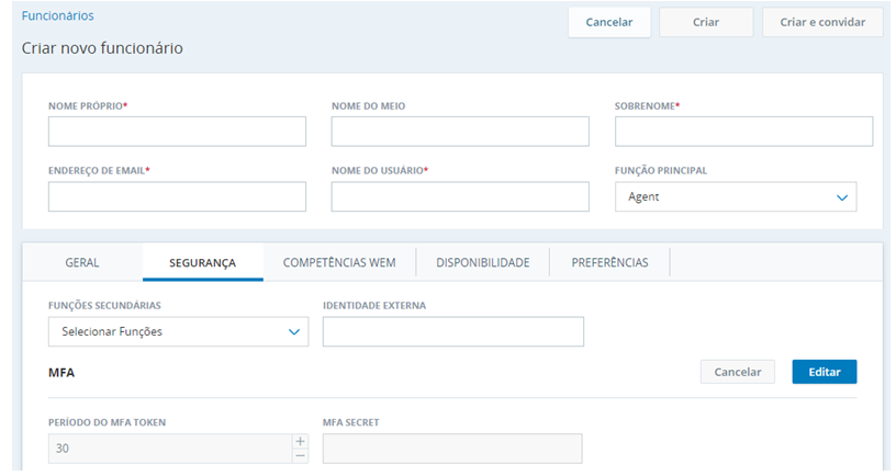 Imagem da página Criar novo funcionário, mostrando os campos de MFA na guia Segurança.