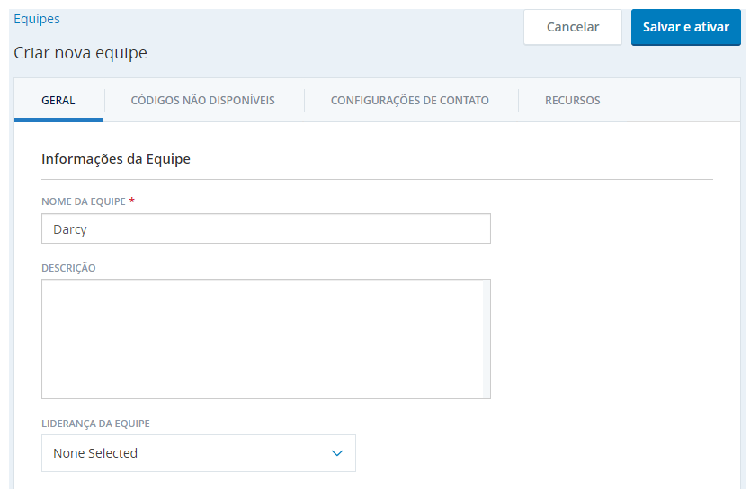 Captura de tela de criar nova página de equipe sem opções selecionadas