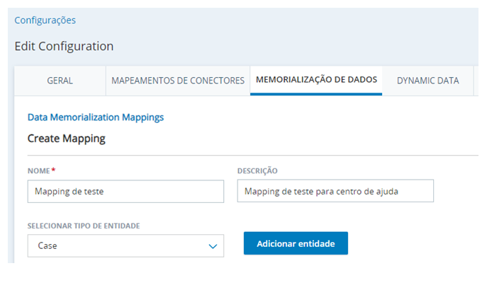 A guia Mapeamento de dados na página Configurações do CXone Mpower, com campos de Nome, Descrição e Selecionar tipo de entidade, bem como um botão + Adicionar entidade.