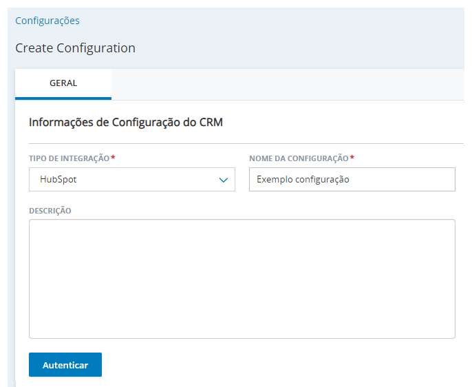A página Criar nova integração, em Integrações de agente, com campos correspondentes a Tipo de integração, Nome da configuração e Descrição.