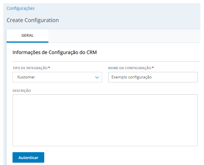 A página Criar nova integração, em Integrações de agente, com campos correspondentes a Tipo de integração, Nome da configuração e Descrição.