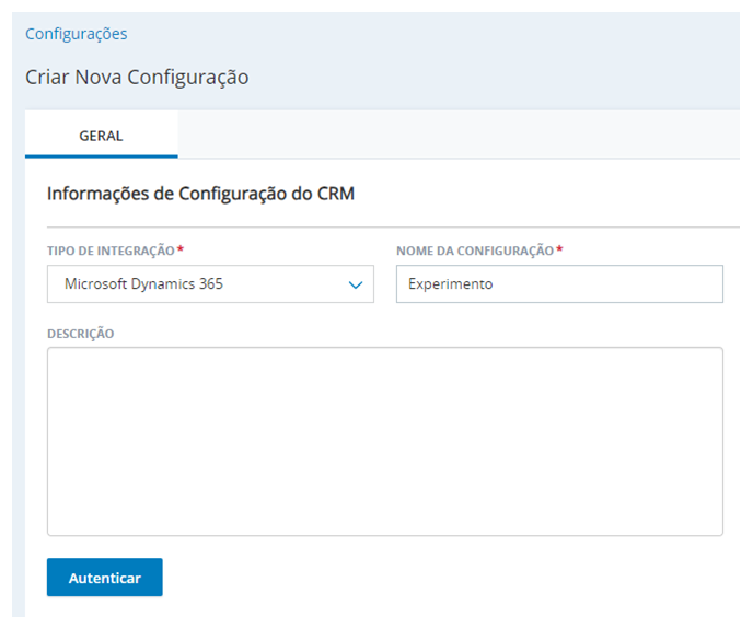 A página Criar nova integração, em Integrações de agente, com campos correspondentes a Tipo de integração, Nome da configuração e Descrição.