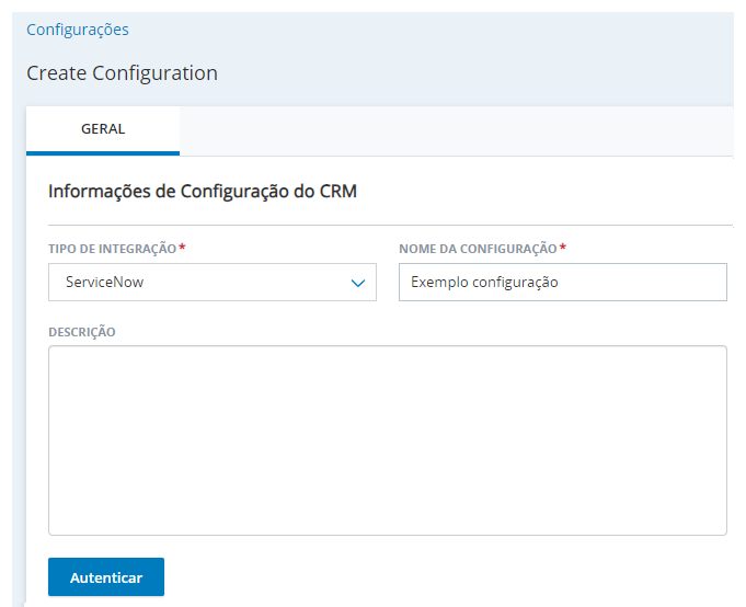 A página Criar nova integração, em Integrações de agente, com campos correspondentes a Tipo de integração, Nome da configuração e Descrição.