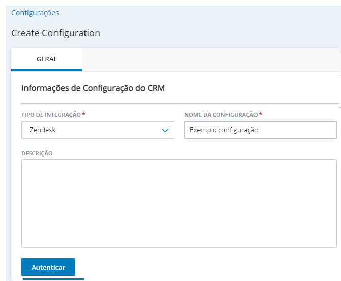 A página Criar nova integração, em Integrações de agente, com campos correspondentes a Tipo de integração, Nome da configuração e Descrição.