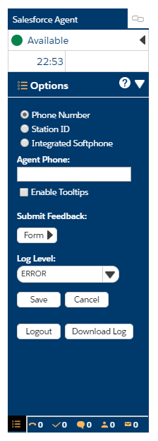 A tela Opções no Salesforce Agent. Mude para número de telefone, identificação de estação ou Integrated Softphone; envie feedback; e desconecte.