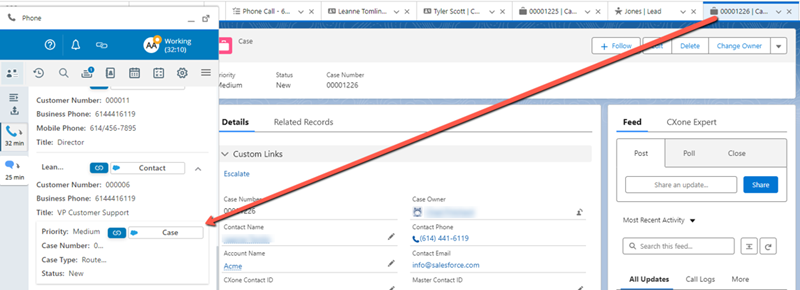 Um registro de caso é selecionado no Salesforce. A interação para isso é aberta no Agent Embedded.