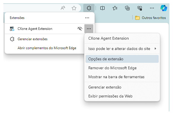Opções, o ícone de três pontos, ao lado da extensão de navegador do Agent é clicado. Outro pop-up lista a opção Mostrar na barra de ferramentas.
